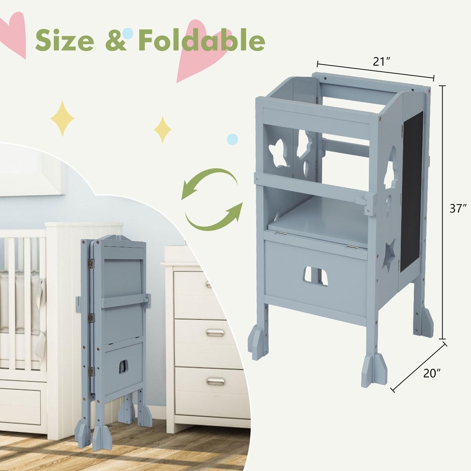 Kinbor Foldable Kitchen Child Standing Tower Learning Step Stool Helper with Safety Rail Drawing Board