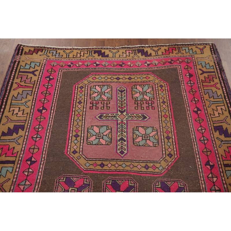 Ardebil Persian Vintage Runner Rug Handmade Geometric Wool Carpet - 3'8" x 10'6"