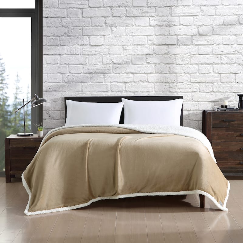 Eddie Bauer Solid Ultra Soft Plush/Sherpa Reversible Blanket - Full - Queen - Beige