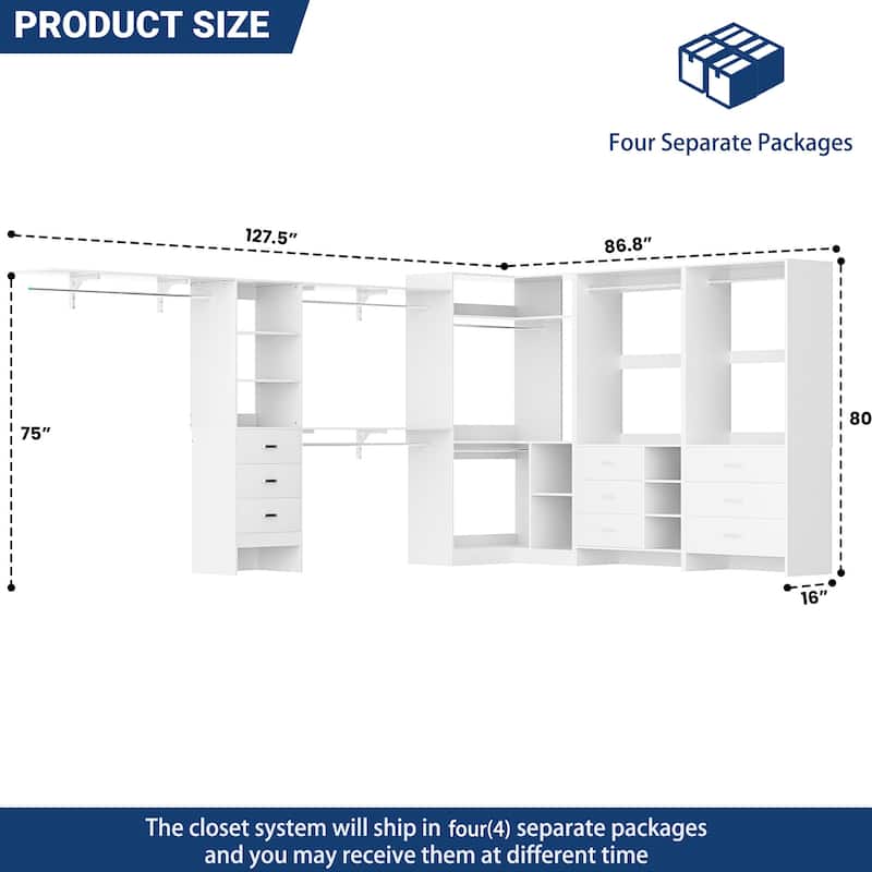 Set of 4 Heavy-duty Closet Organizer with Drawers, Corner Closet System with Storage Shelves and Hanging Rods