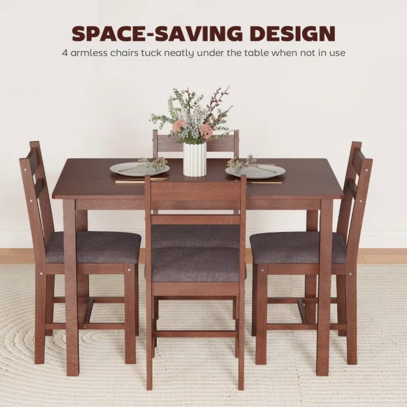 5-Piece Dining Set, Farmhouse Wooden Table and 4 Cushioned Chairs