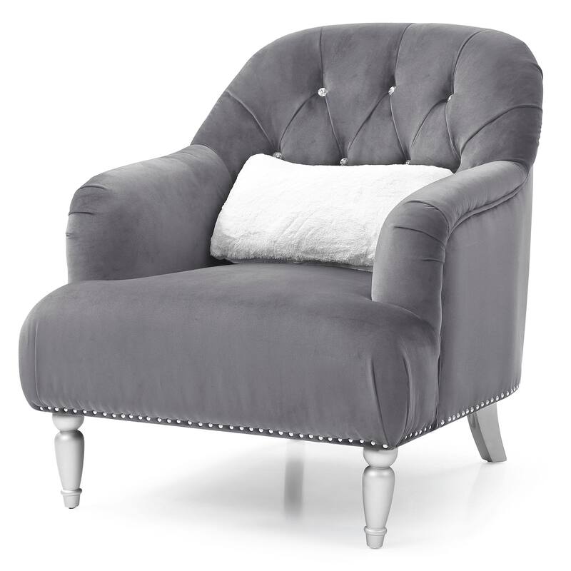 Tufted Upholstered Jeweled Velvet Accent Chair with Throw Pillow - 37" - Gray