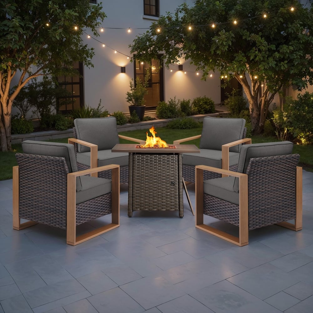 Meyreso 5-Piece Wicker Patio Conversation Set with Fire Pit & Plush 4.5" Olefin Cushions