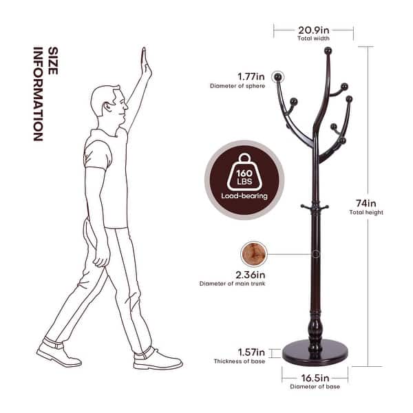 dimension image slide 2 of 11, Tree-branch Rubberwood Freestanding Coat Rack with Hooks