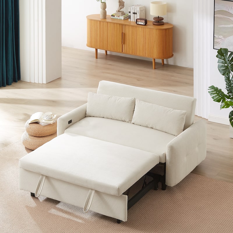Roomfitters Pull-Out Sofa Bed Convertible 2-Seat Loveseat with Throw Pillows and USB Ports, Modern Sleeper Sofa, Beige - Beige