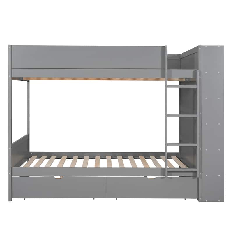 Full over Full Bunk Bed with 2 Drawers and Multi-layer Cabinet, White