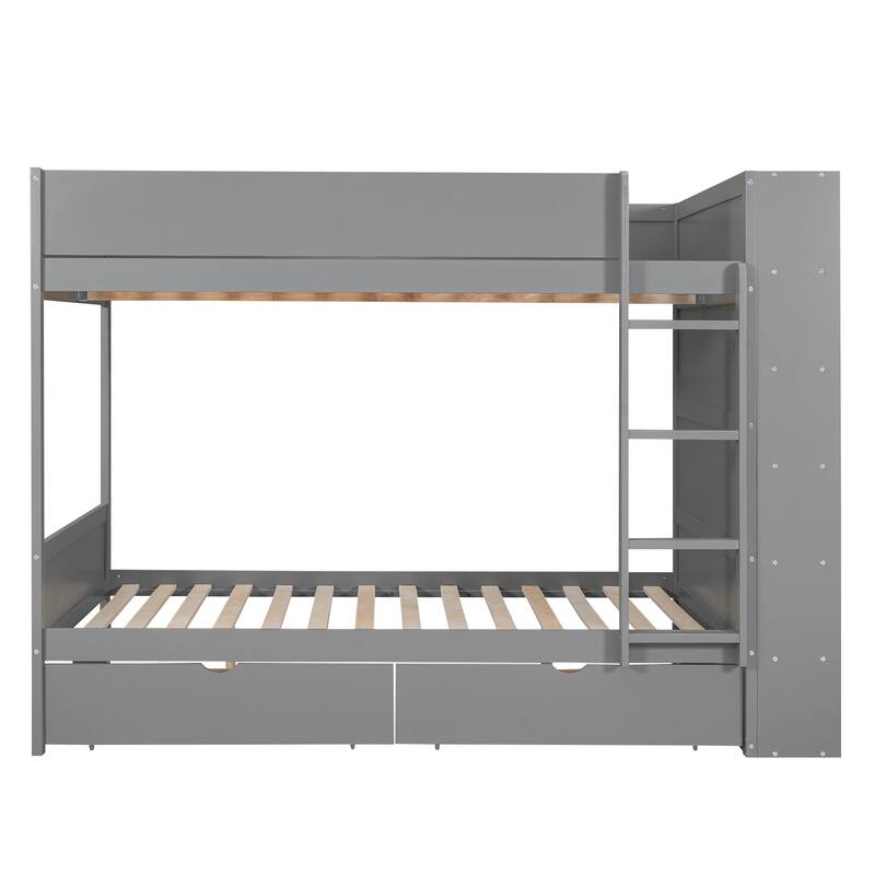 Full over Full Bunk Bed with Drawers and Cabinet, Space-Saving Design, Gray