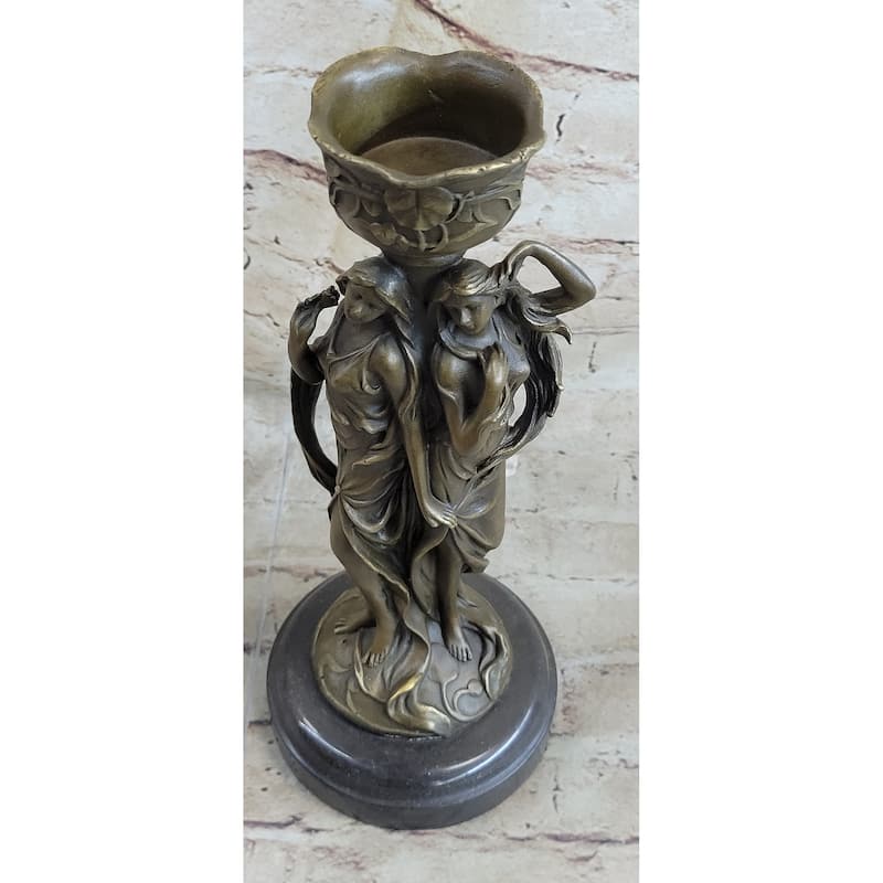 Gorgeous Art Deco Style Twin Sister Candle Holder Bronze Sculpture By Kin