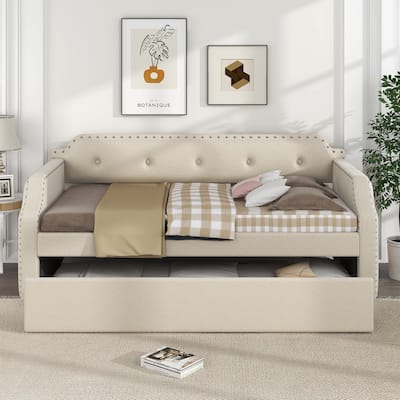 Twin Size Upholstered Daybed w/Button Back Linen Sofa Bed and Pull-out Trundle Bed for Bedroom, No Box Spring Required
