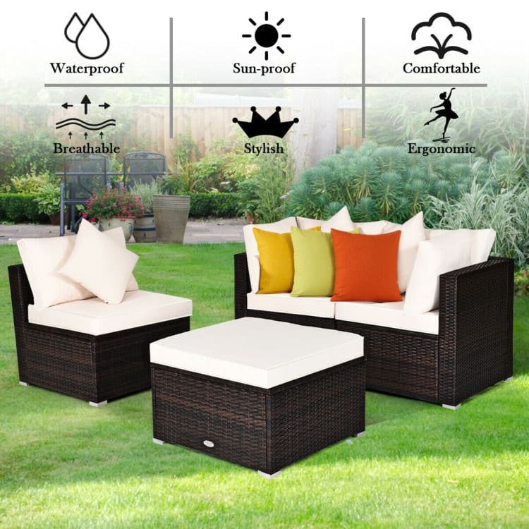 4 Pieces Patio Rattan Furniture Set with Removable Cushions and Pillows - Corner Sofa: 29" x 29" x 25"