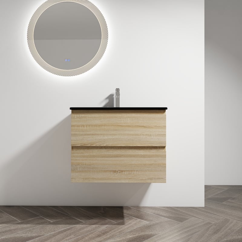 30" Wall-Mounted Bathroom Vanity With Black Ceramic Sink, 2-Soft Close Drawers - Light Oak