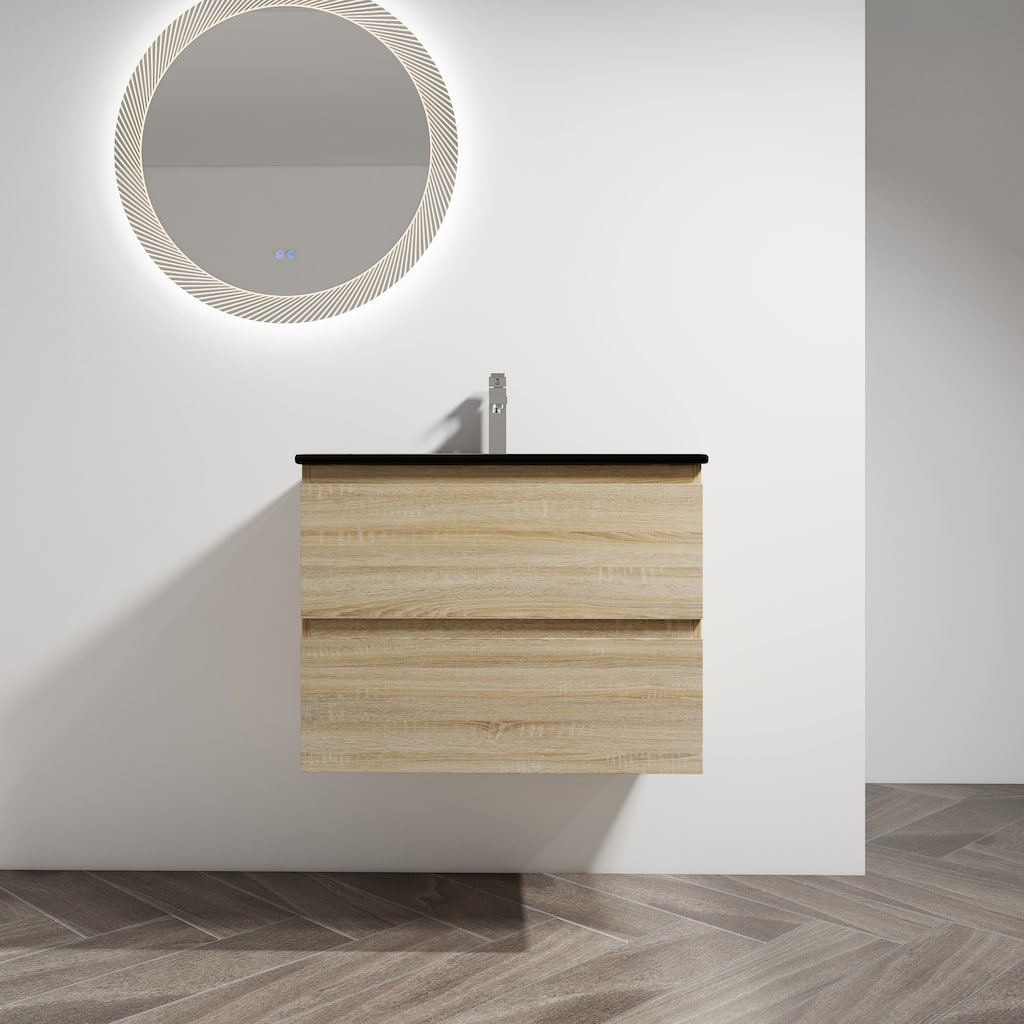 30" Wall-Mounted Bathroom Vanity With Black Ceramic Sink, 2-Soft Close Drawers