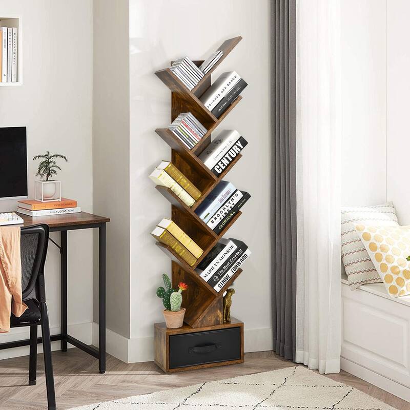 59" Tall Tree Design Bookshelf with 10 Open Shelves and Fabric Drawer for Small Spaces - 15'' x 8.5'' x 59'' (L x W x H)