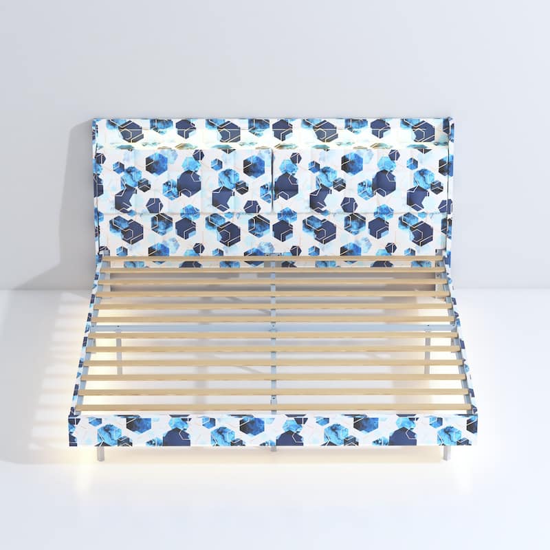 King/Queen Floating Bed Frame with LED Light, USB Charging, and Hidden Storage, Upholstered Platform Bed with Headboard