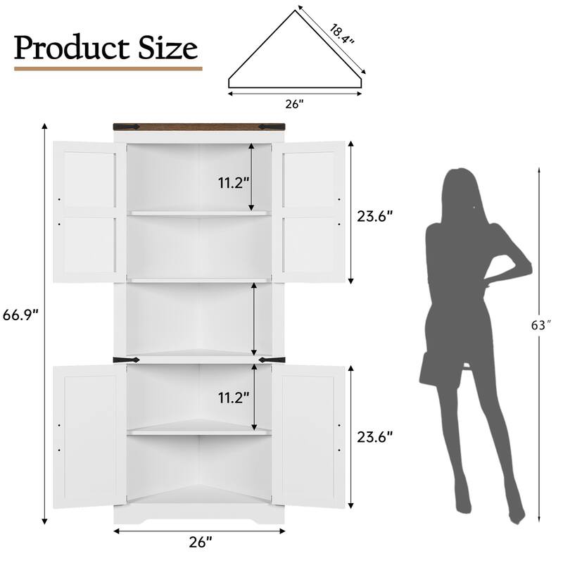 Tall Corner Cabinet, Farmhouse Corner Storage Cabinet with Glass Door & Adjustable Shelves, Space Saving Storage