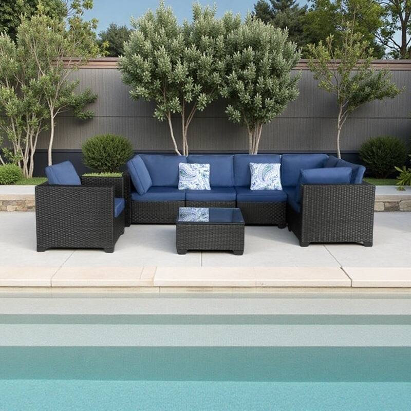 7-Piece Outdoor Sectional Sofa Set with Glass Side Table, PE Wicker Patio Furniture with Cushions and Pillows - Black+Blue
