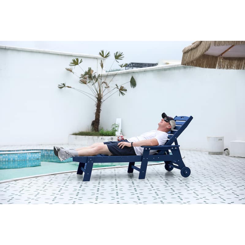 Outdoor Patio Wooden Oversized Chaise Lounge Chair w/ 5 Positions for Pool, Deck, Poolside, Grey - Blue