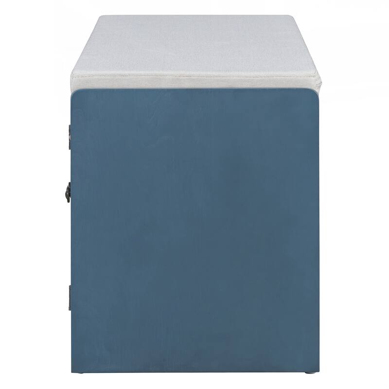 Rustic Storage Bench Multifunctional Wood Entryway Shoe Bench with Removable Cushion, Woven Rattan Doors & Adjustable Shelves