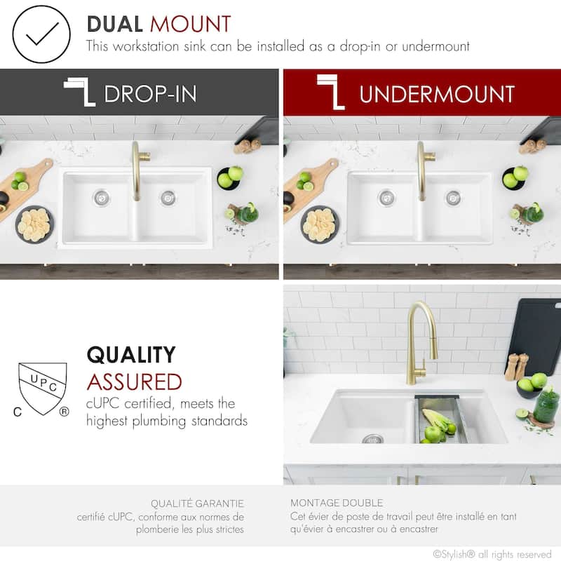 STYLISH Dual Mount 33" Double-Bowl Composite Granite Kitchen Sink - 33" x 18" x 9.5"