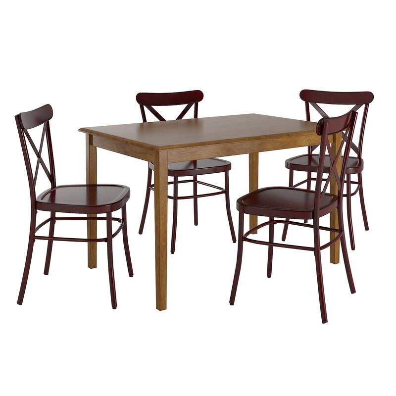 Wilmington II Oak Wood Finish 48" Rectangle Dining Set by iNSPIRE Q Classic - Oak Table - Berry Red Chairs