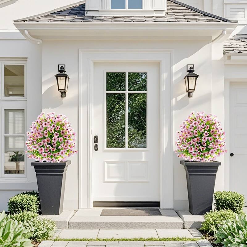 2FT Artificial Trees With Ground Spike 2 Pack, Weather-Resistant Faux Shrubs Bushes Potted Plants With Flowers Outdoor