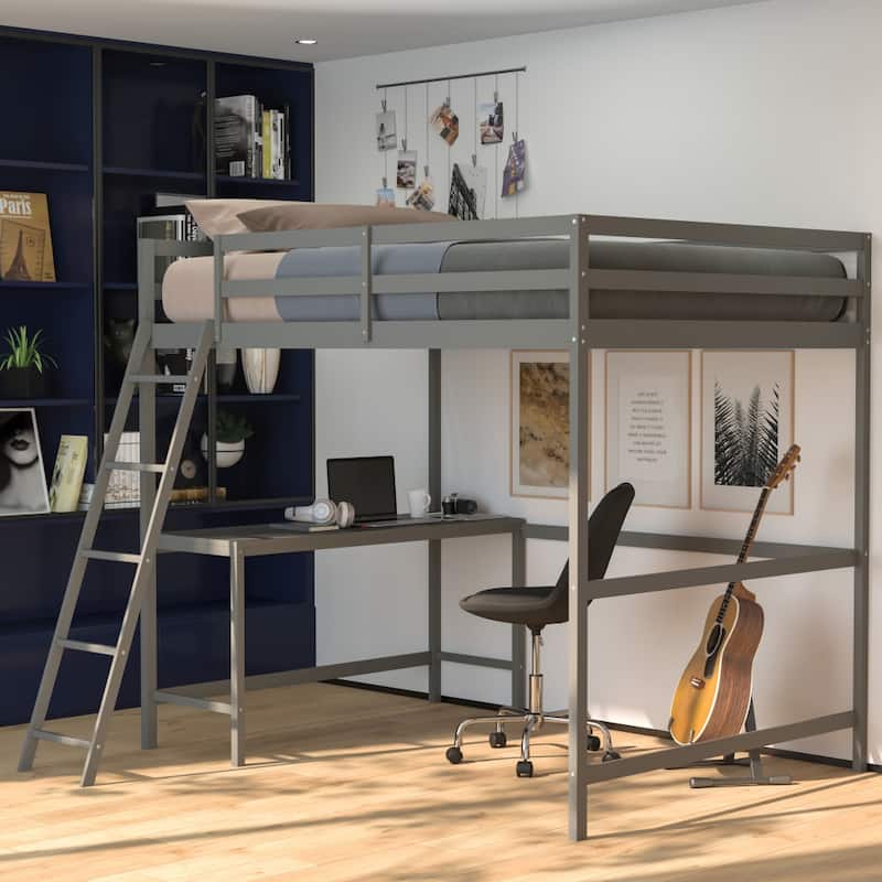 Traditional Wood Slat Loft Bed with Integrated Desk & Ladder