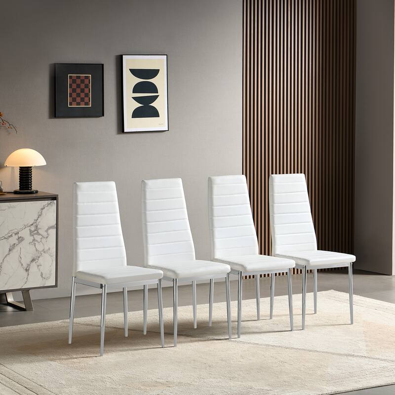 Modern Style Dining Chair Set for 4 with Comfortable PU Leather and Silver Chrome Plated chair legs