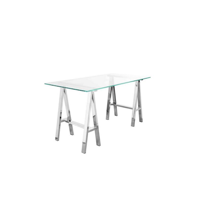 Rani 55 Inch Office Desk, Tempered Glass Top, Modern Chrome Steel Frame