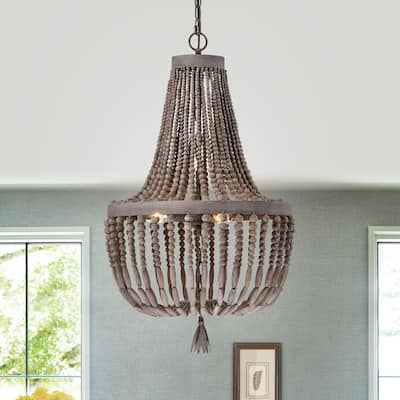 3-Light Slate Wood Empire Chandelier with Wooden Beads - Slate Wood