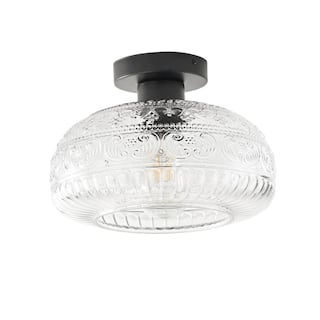 Modern 1-Light Black Semi Flush Mount Ceiling Fixture with Textured Clear Glass