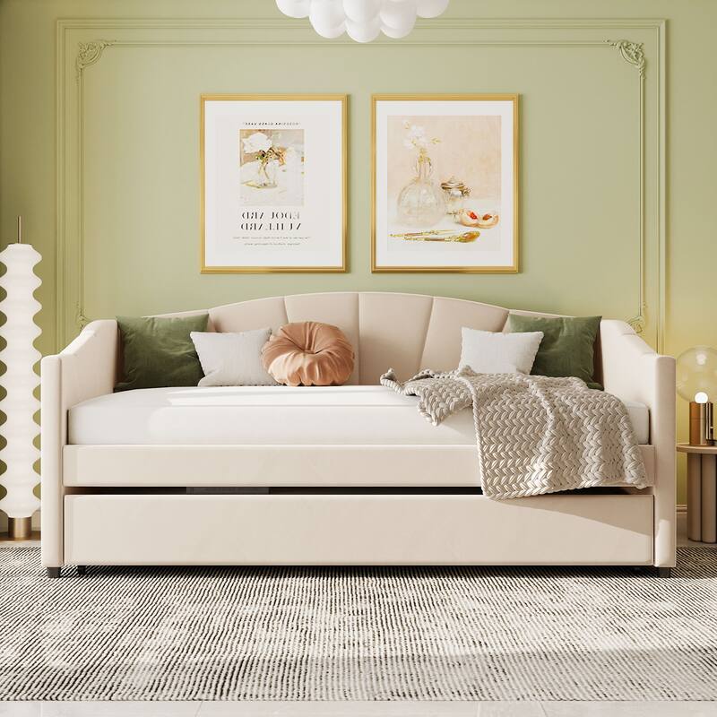 Beige Upholstered Velvet Twin Daybed Sofa with Trundle - High Weight Capacity and Easy Assembly