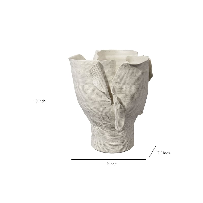 Tio Modern Vessel Vase, Flowing Petal Folds, White Porcelain 13 Inch