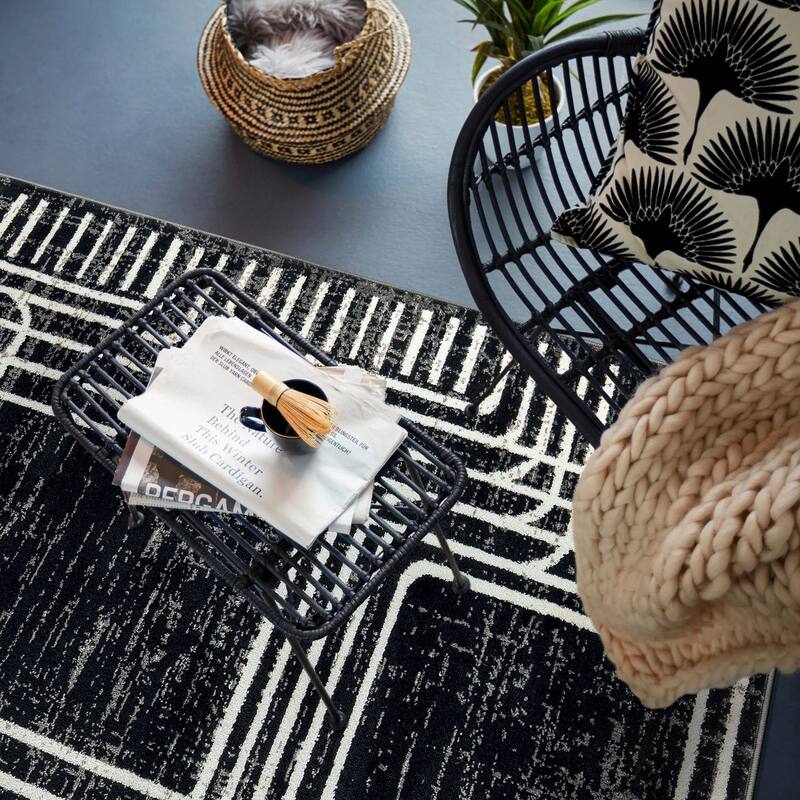 Bohemian Lines Black Ivory Gray Durable Area Rug Pet Friendly, Perfect for Entryway, Living Room, and Bedroom
