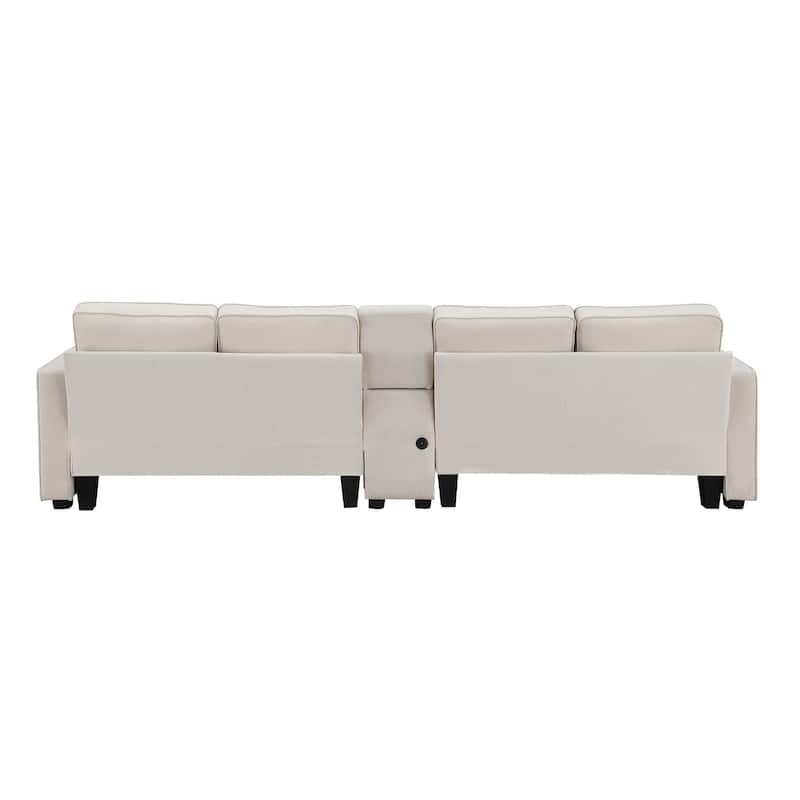 Modern 4-Seat Sofa with Console, Wireless Charging, 2 Cupholders, and 4 Pillows, Upholstered in Linen Fabric