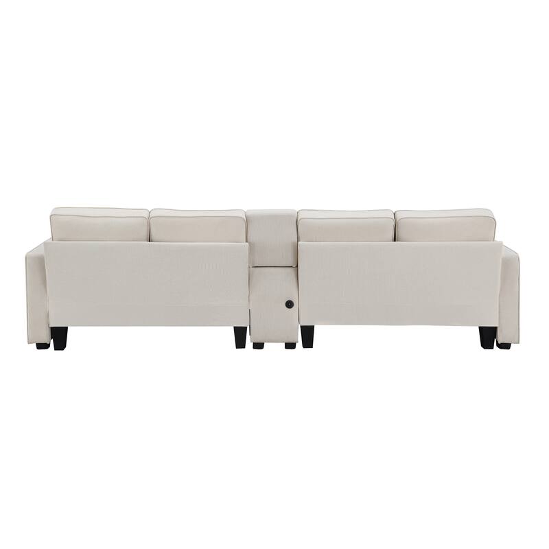 Multifunctional Sofa with 2 Cupholders and Console, 114.2" Linen Fabric Sofa with 4 Pillows and 2 USB Ports for Livingroom