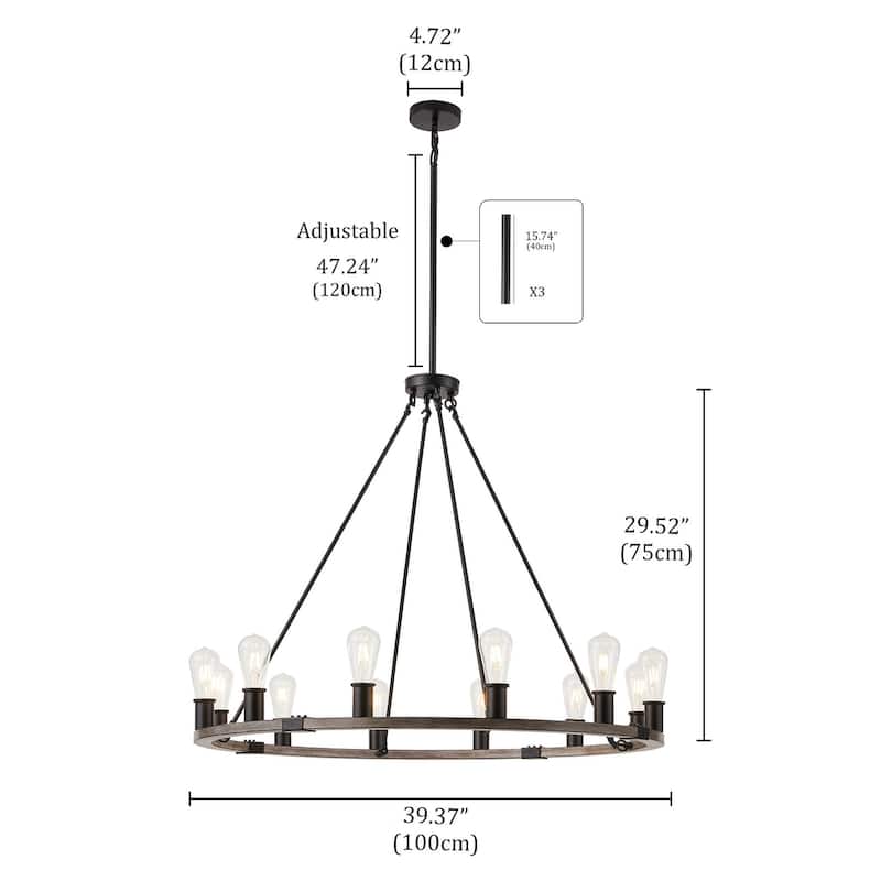 Industrial Black 12-Light Wagon Wheel Farmhouse Chandlier Fixture