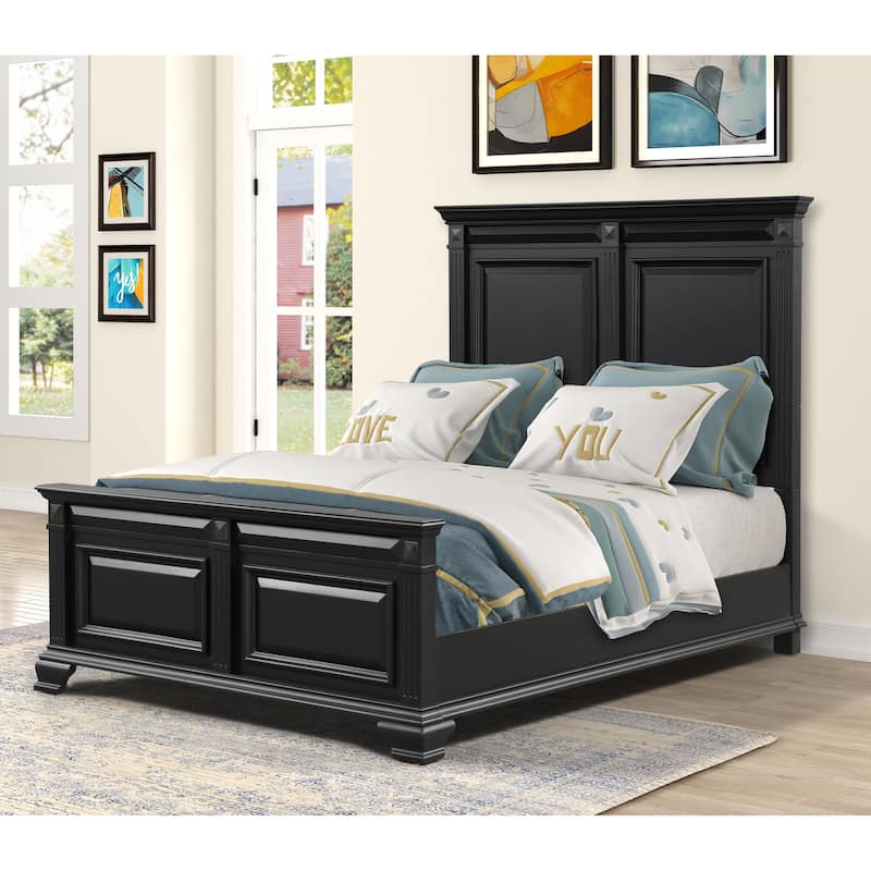Roundhill Furniture Renova Vintage Black Wood Bedroom Set, Panel Bed, Dresser, Mirror, Two Nightstands