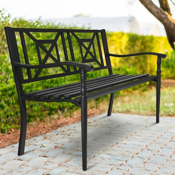 slide 2 of 7, 50.5" Outdoor Furniture Steel Patio Garden Bench Steel Frame Park Yard