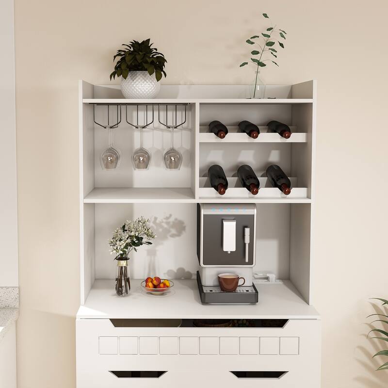 Kitchen Pantry Cabinet with 2 Drawers & Barn Doors, Freestanding Sideboard with Internal Storage Rack & Open Compartments