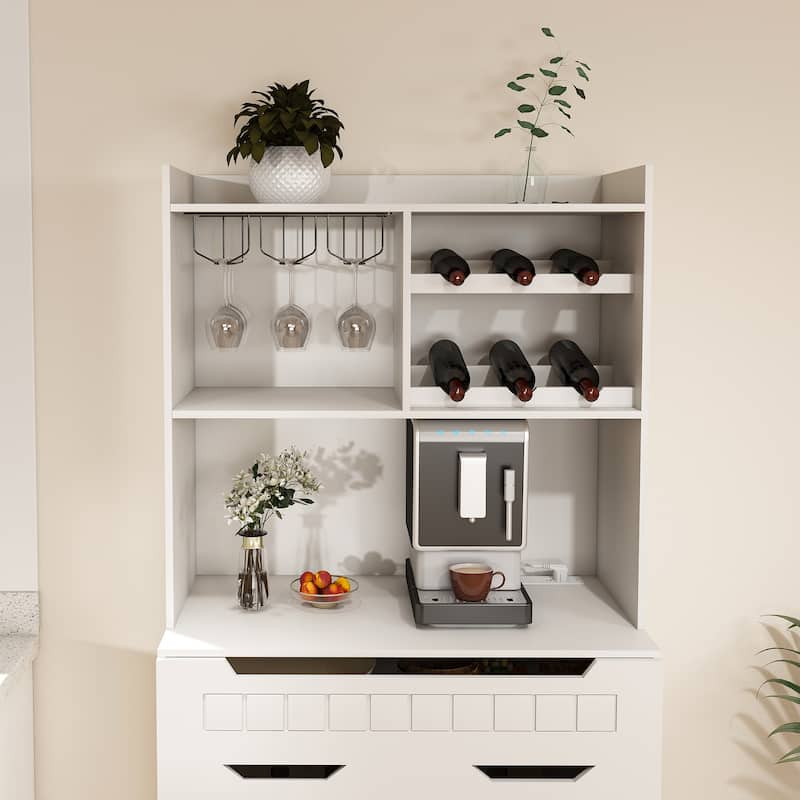 White Buffet Cabinet with Hutch - Modern Farmhouse Kitchen Storage Sideboard with 2 Drawers & Barn Doors