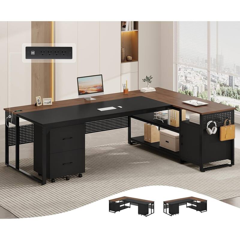 Executive Desk L Shaped Desk File Drawers Power Outlets Computer Desk - Mobile Filing Cabinet - Walnut