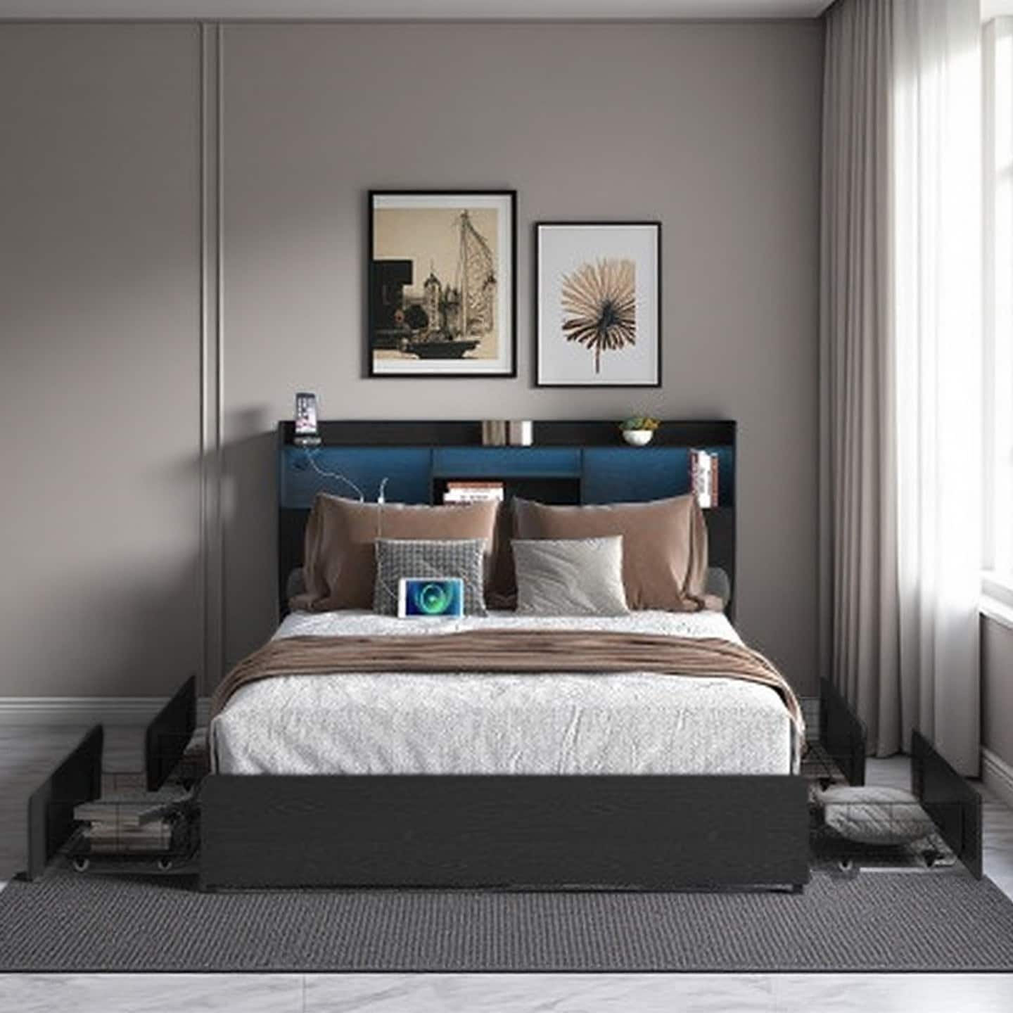 Full Size Bed Frame with 4 Under-Bed Storage Drawers, Headboard with Fast Charging Station & LED Lights, Sturdy Metal Platform