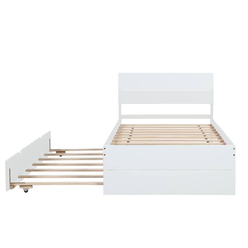 Modern Twin Platform Bed with Light Oak Trundle & High Gloss Headboard