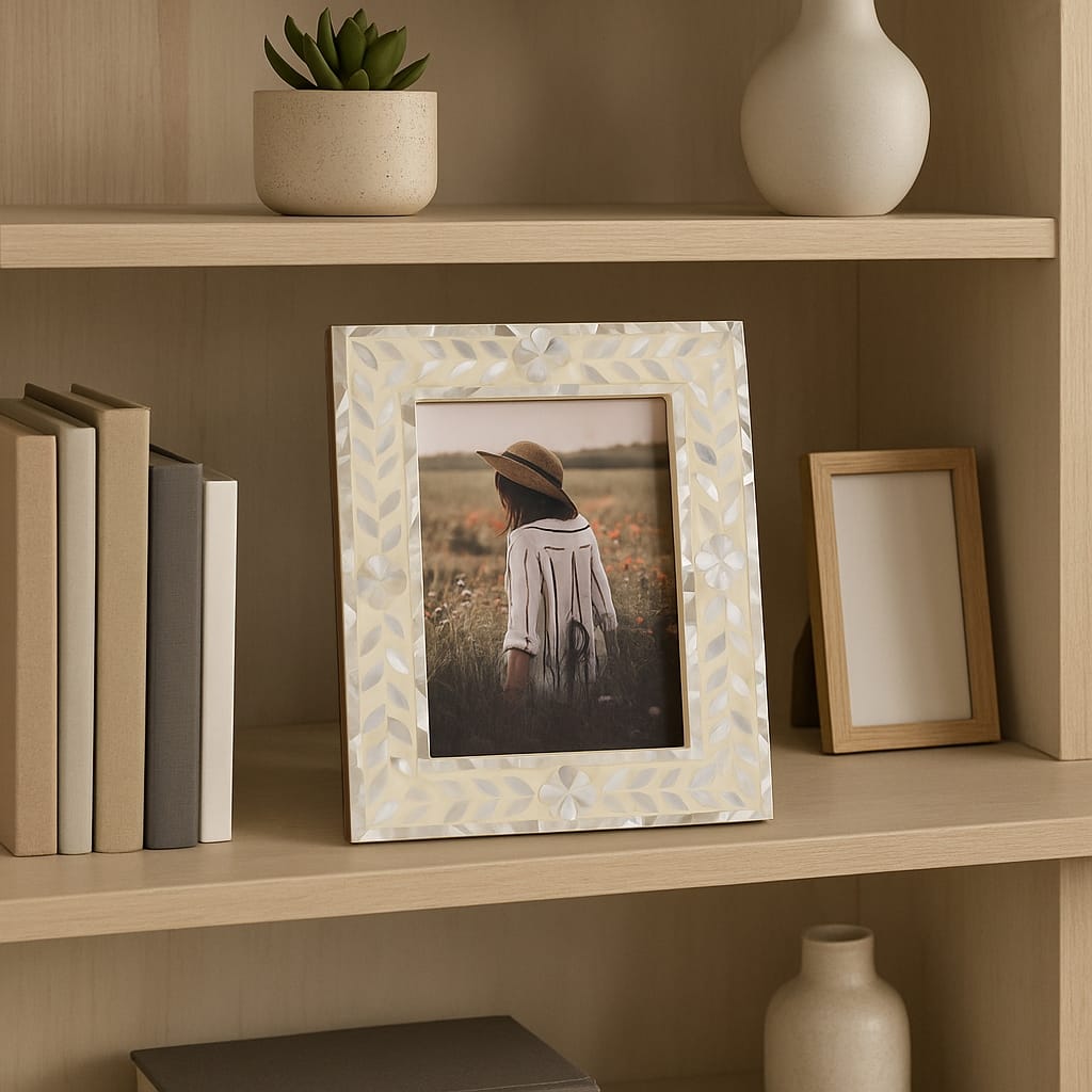 Wood Mother Of Pearl Inlay Vine Photo Frame - Ivory
