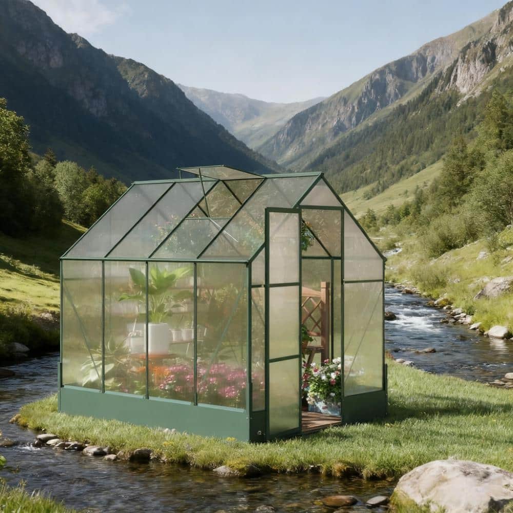 GDFStudio - Outdoor 8'x6' Aluminum Frame Walk-In Polycarbonate Greenhouse with Auto Roof Vent & Rain Gutter - Green