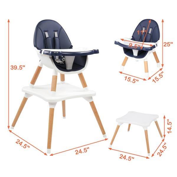Childrens High Dining Chair Detachable Two-In-One Table And Chair Navy Blue - 24.61"L x 24.41"W x 39.76"H