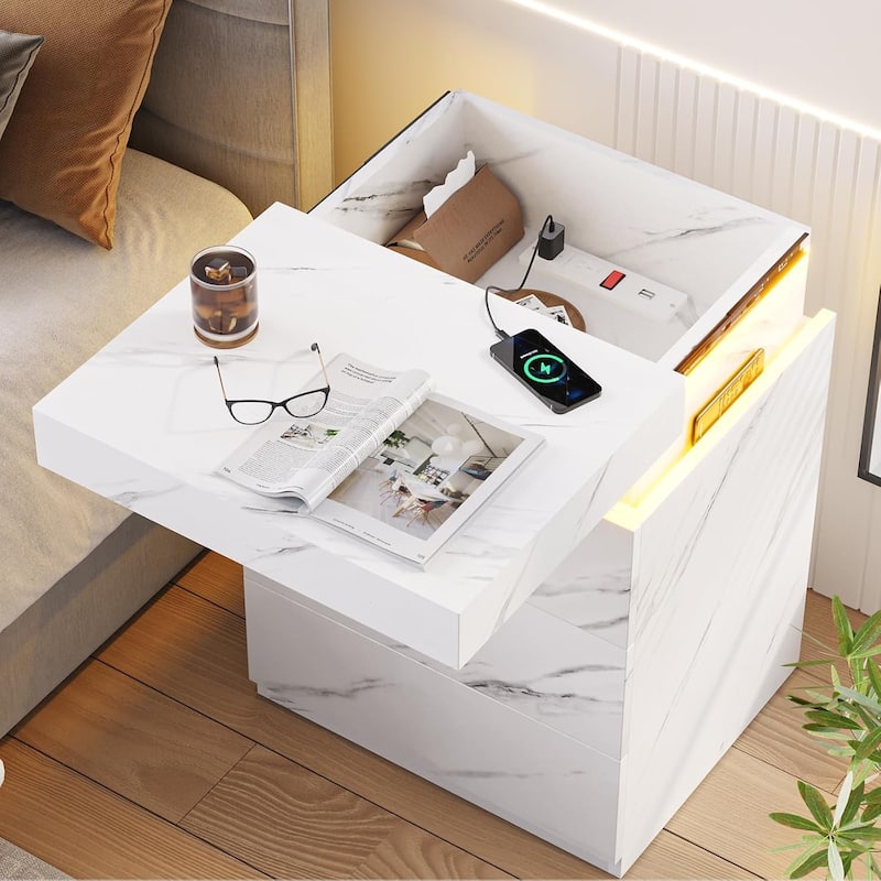 Bedroom Nightstand Charging Station LED Lights Sliding Top 3 Drawers