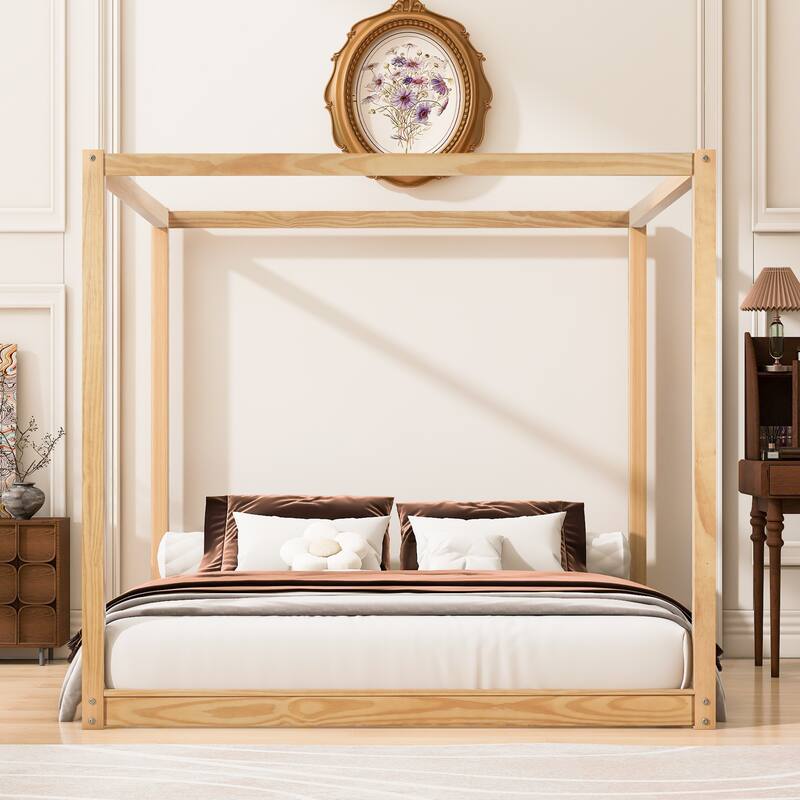 Wood Canopy Bed Floor Platform Bed Grounded Bed with Slats Support and Top Frame Easy Assembly No Box Spring Needed