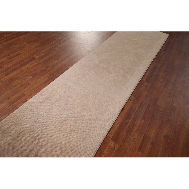 Earth Tone Oushak Turkish Runner Rug Handmade Wool Carpet - 3'0" x 11'5"