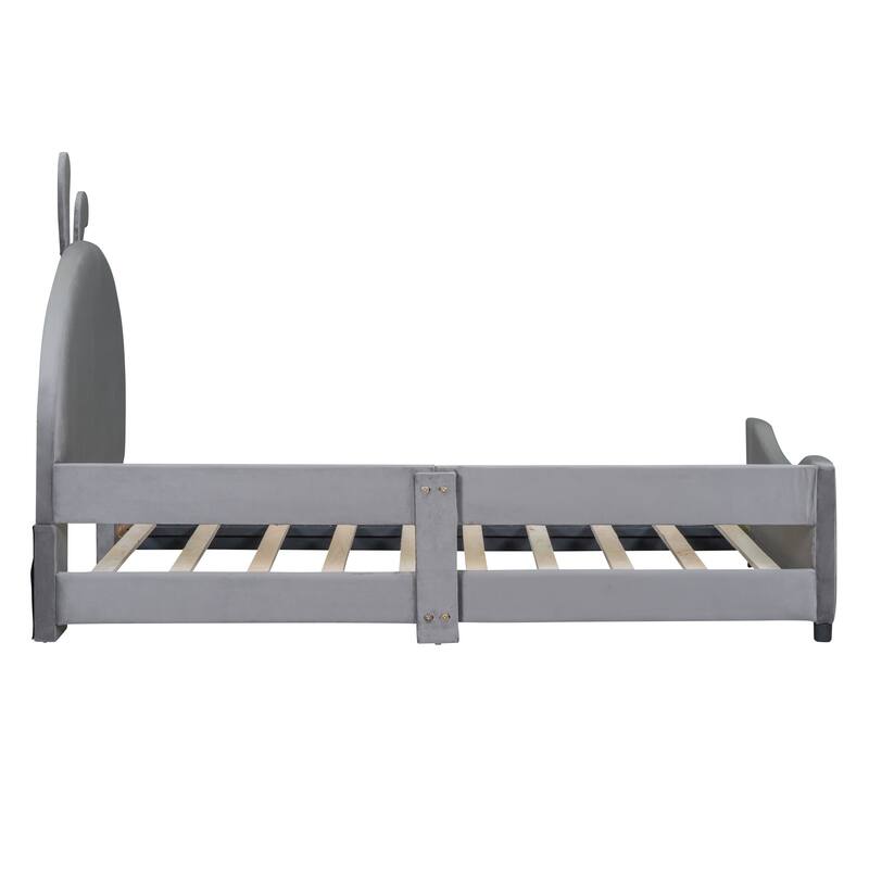 Playful Twin Daybed with Rabbit Ear Headboard, Velvet Upholstery, and Sturdy Wood Frame for Kids' Rooms